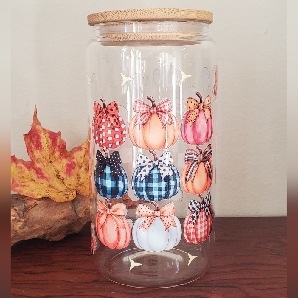 🎁🆓️ w purchase Colorful Fall pumpkins bows checkered Glass Tumbler